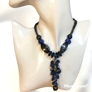 3/$30 VTG Navy Blue Beaded Sautoir Tassel Pendant Lavalier Necklace
